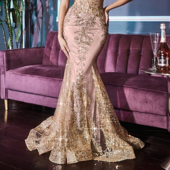 NEW ROSE GOLD PROM PARTY FORMAL FITTED FLORAL GLITTER PRINT CORSET GOWN J810 - Picture 2 of 6